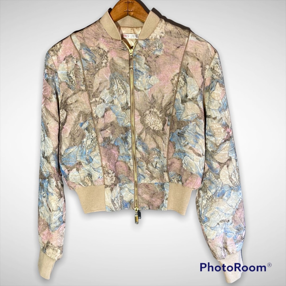 Amber Sakai Jacquard Tapestry Bomber Jacket Floral Pastels Rare